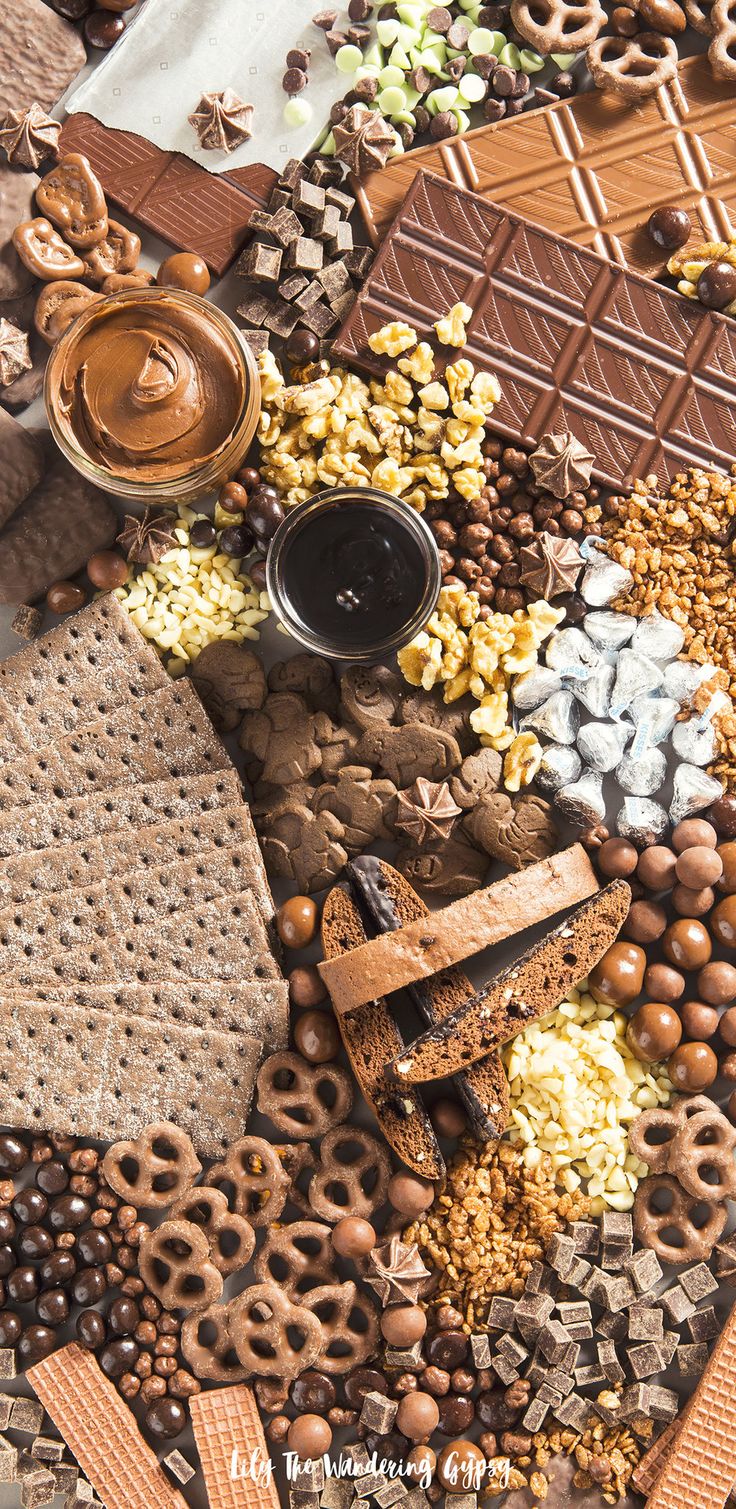 the ultimate chocolate charcute board with pretzels, crackers and other treats