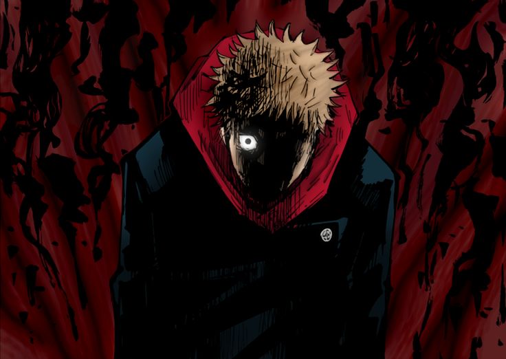 an anime character wearing a red hoodie in front of some black and red paint