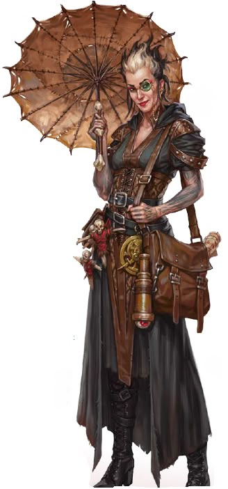 a drawing of a woman with an umbrella and steampunky clothing, holding a purse