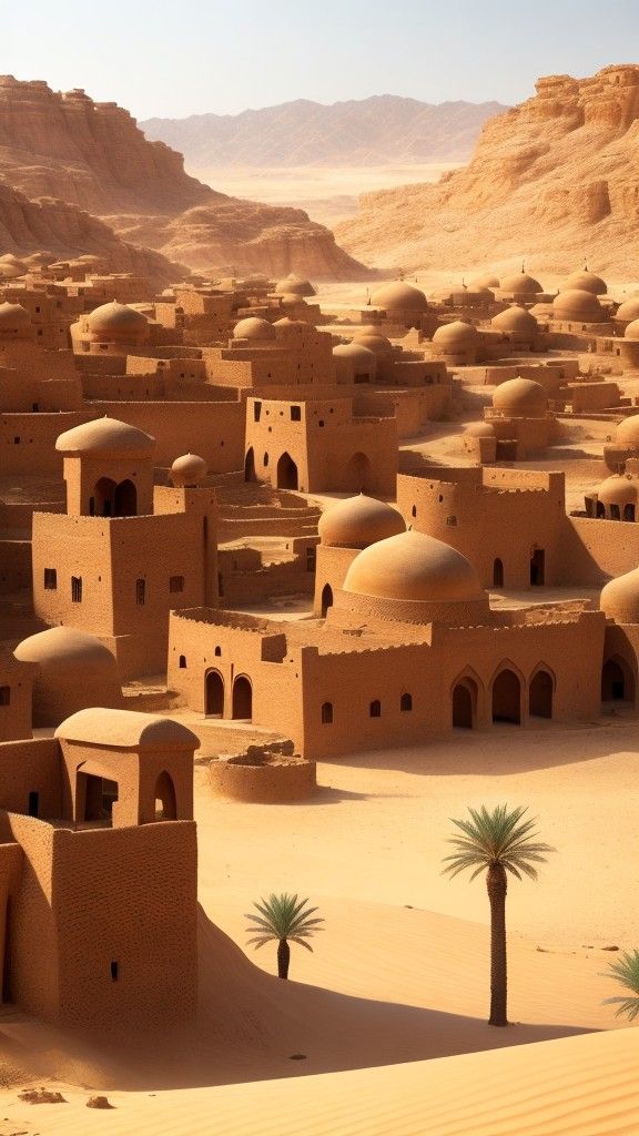 a desert village with palm trees and mountains in the background