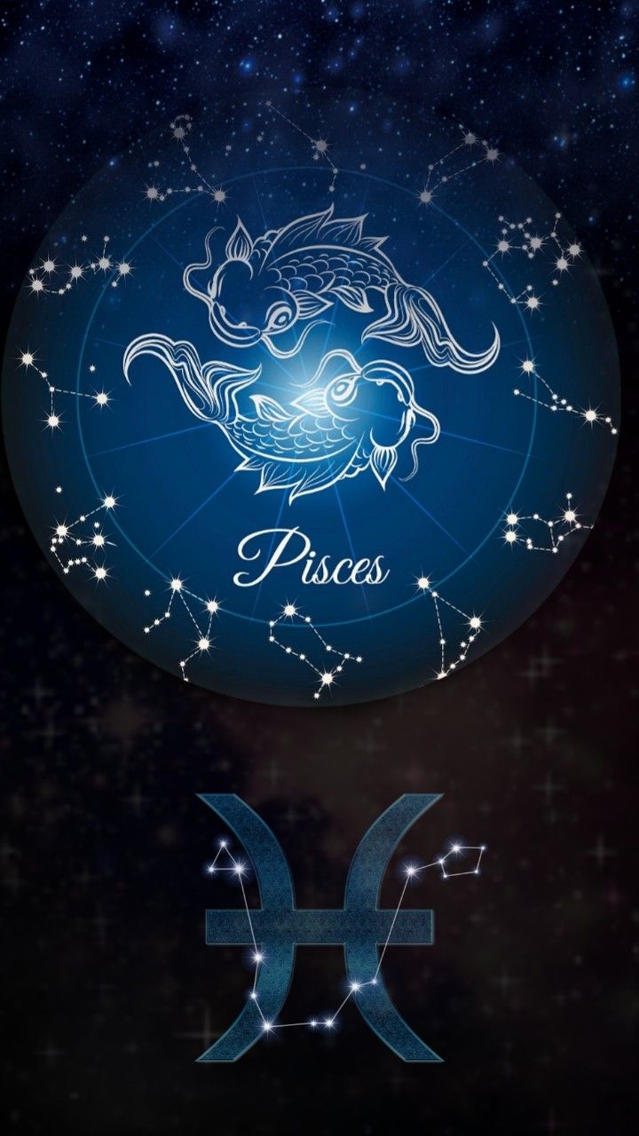 the zodiac sign for piscs with stars in the sky behind it and an image of