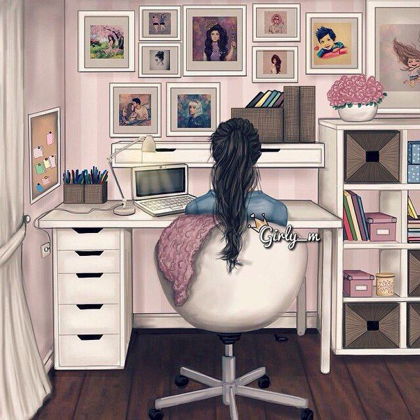 a painting of a woman sitting at a desk in front of a wall with pictures on it