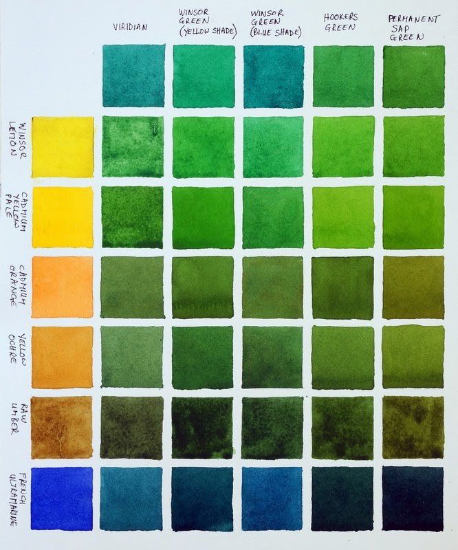 a color chart with different shades of green, yellow and blue in each square on the page