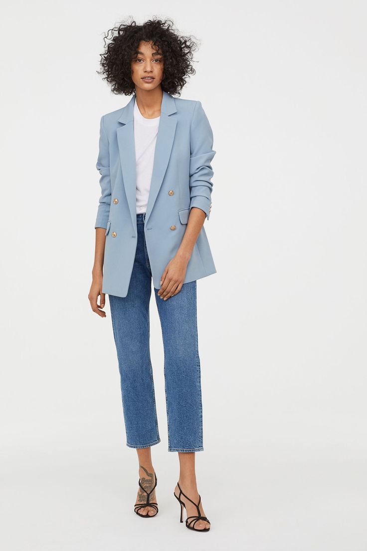 H&M Double-Breasted Blazer Jacket in Light Blue Light Blue Blazer Outfits For Women, Light Blue Blazer Outfit, Blue Blazer Outfits For Women, Blazer Styling, Blue Blazer Outfit, Blue Blazer Women, Light Blue Blazer, Light Blue Jacket, Casual Attire For Women