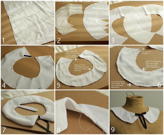 instructions to make a collared shirt with white fabric and black ribbon on the neck