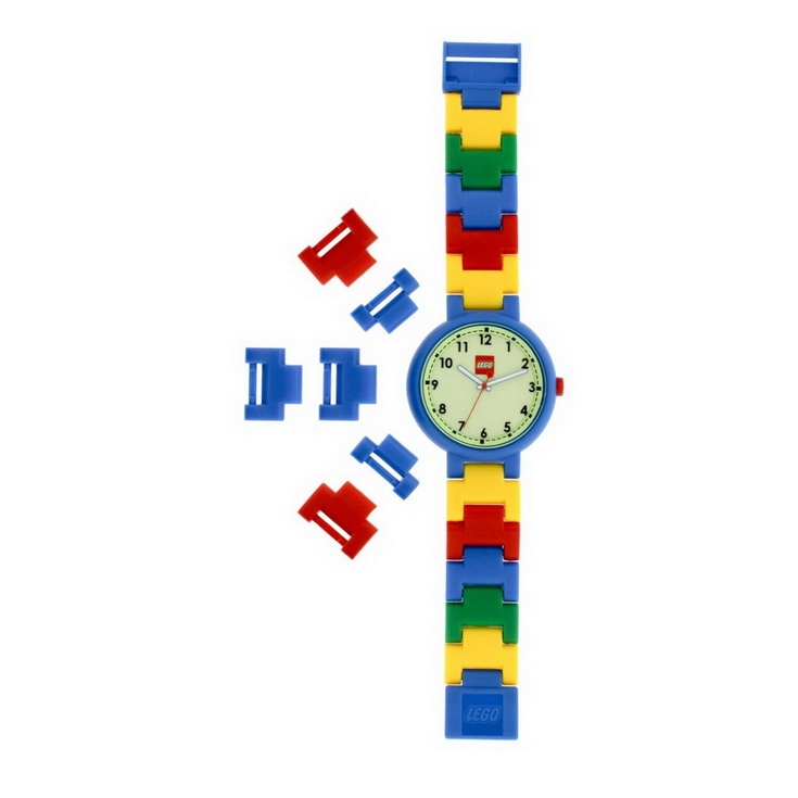 a watch made out of legos and pieces of blue, yellow, red, green, and orange