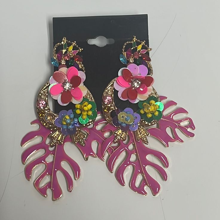 Brand New, Never Worn. Chic Pink Flower Shaped Earrings, Chic Pink Flower-shaped Earrings, Multicolor Earrings For Spring Party, Multicolor Spring Party Earrings, Spring Multicolor Party Earrings, Spring Party Multicolor Earrings, Chic Pink Earrings For Spring, Pink Earrings For Beach, Pink Beach Earrings