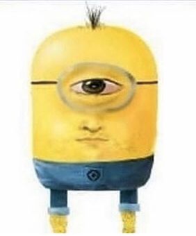 a yellow and blue minion with an eye on it's head, standing in front of a white background