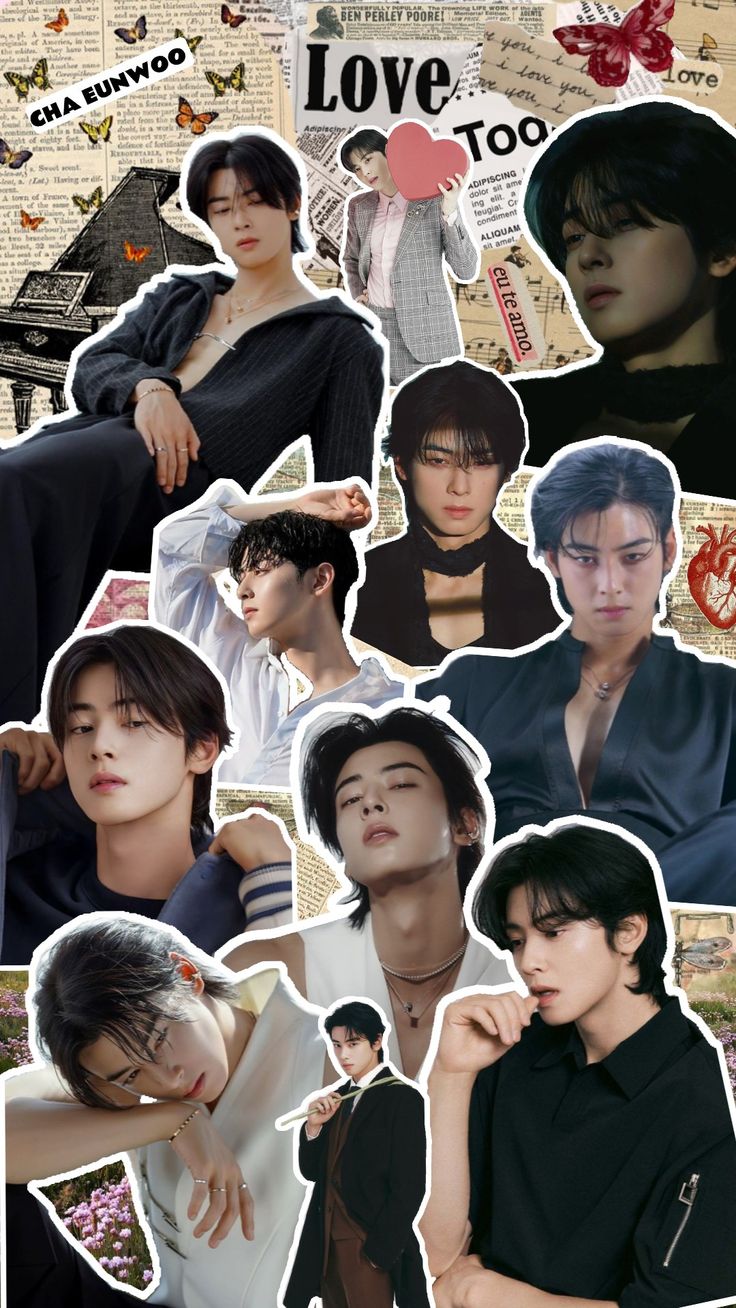 the collage shows many different people in black clothes and white shirts, one with his hand on his shoulder