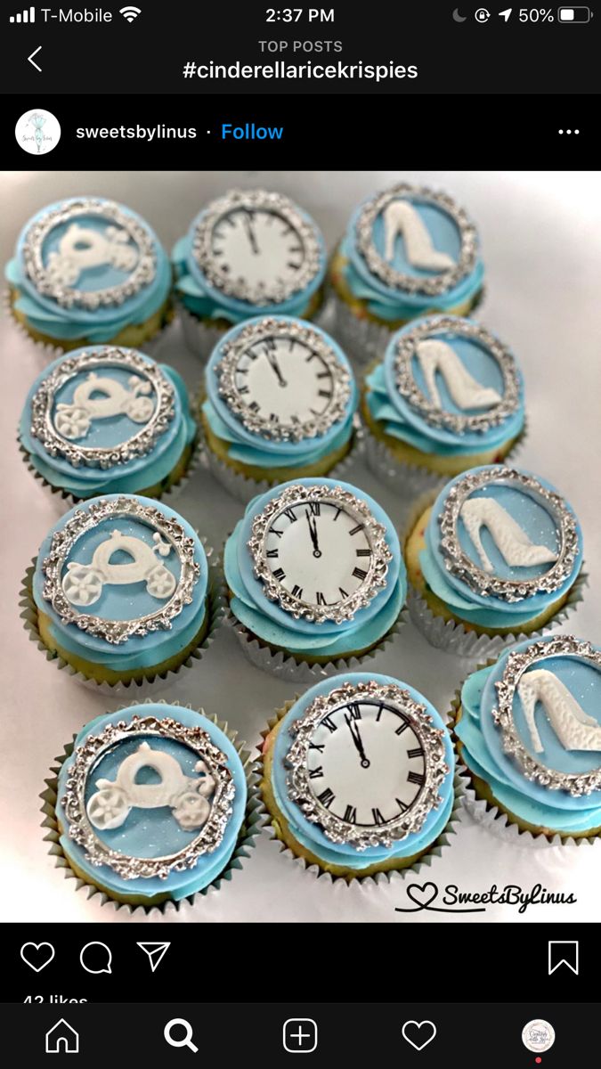 cupcakes decorated with blue and white icing are arranged in the shape of clocks