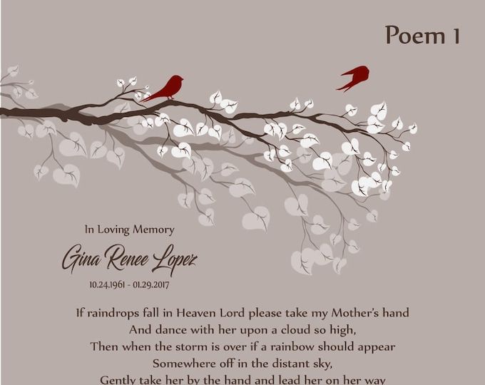 a poem written on a branch with two red birds sitting on top of the branches