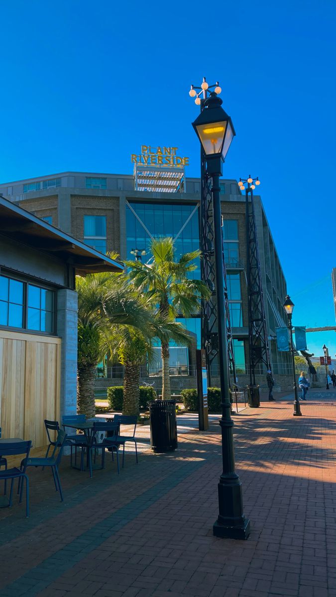 a street light sitting on the side of a road next to a tall building and palm trees