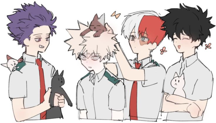 three anime boys with different colored hair and white shirts, one holding a black cat