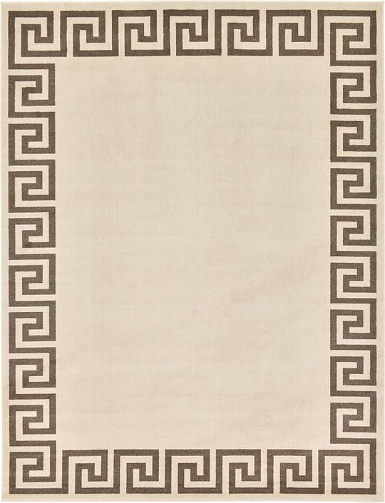 a beige rug with black and white border