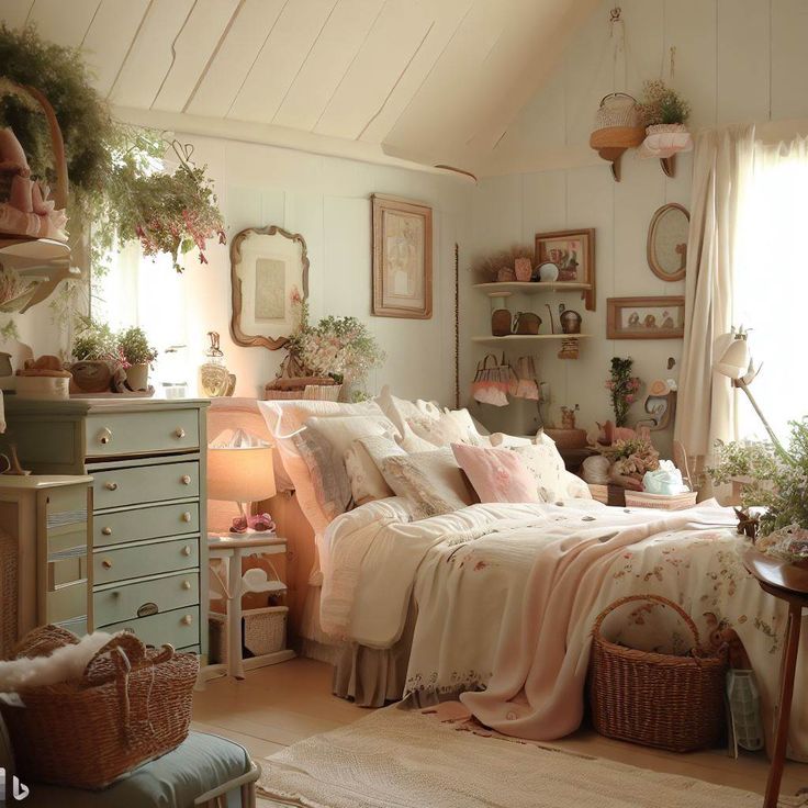 a bed room with a neatly made bed and lots of plants on the wall above it