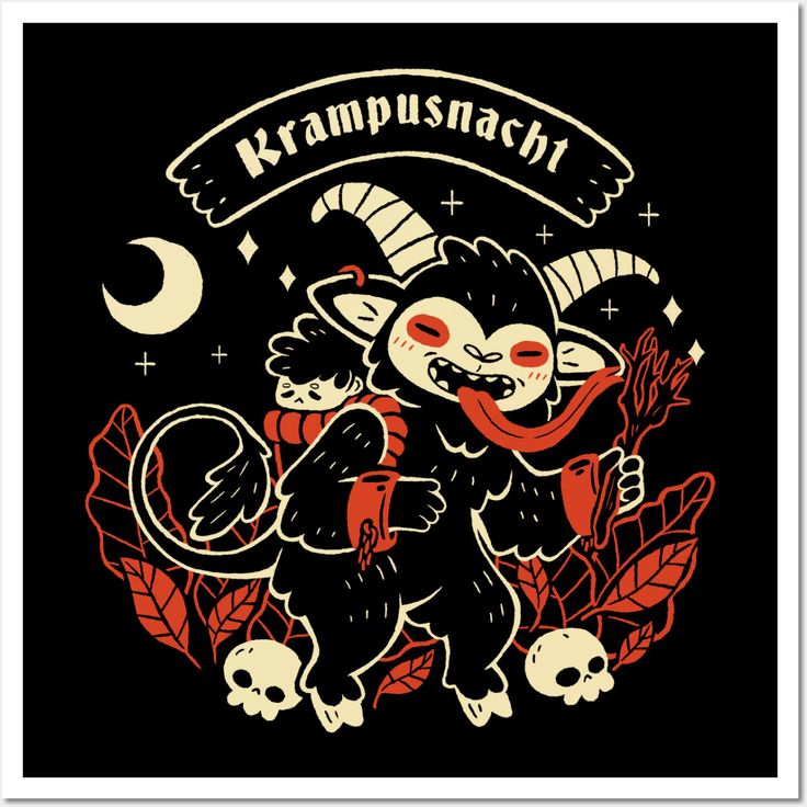 a black shirt with an image of a demon and two skulls on the chest, in front of a banner that says krampsnach