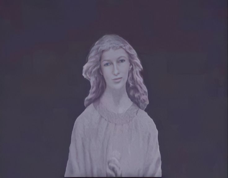 a painting of a woman with long blonde hair wearing a white dress and holding a cross