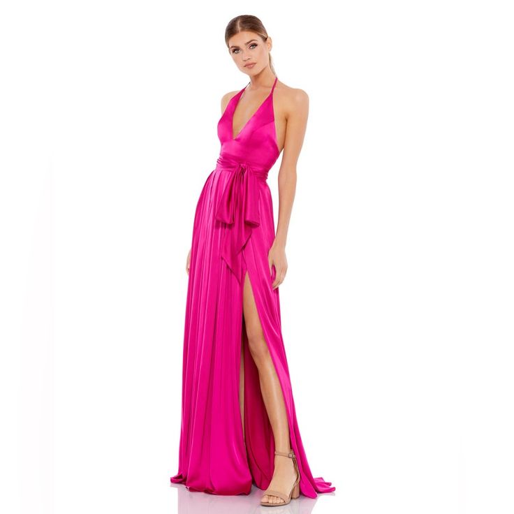 Used Once, Dry-Cleaned :) Questions? Leave A Comment Below! Fuschia Prom Dress, Halter Neck Gown, Box Pleat Skirt, Sheath Gown, Mac Duggal Dresses, Halter Gown, Designer Prom Dresses, Prom Designs, Satin Gown