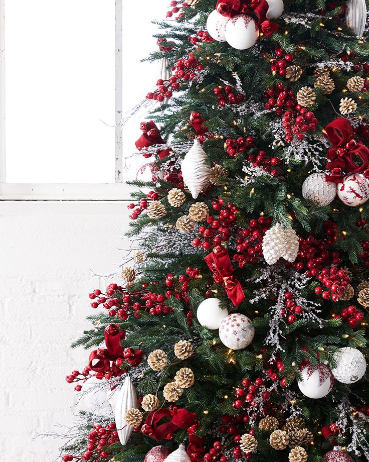 a decorated christmas tree with red and white ornaments