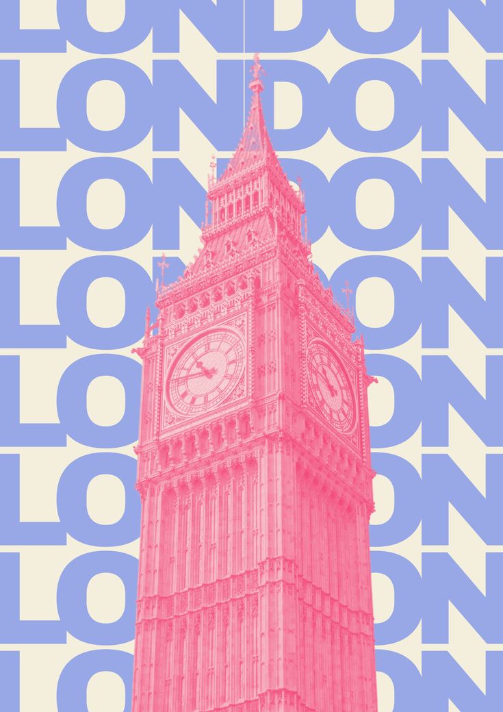 the big ben clock tower towering over the city of london, england in pink and blue