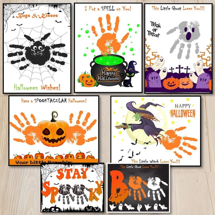 six halloween cards with handprints and pumpkins