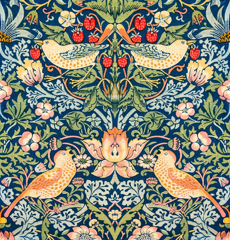 an intricately designed wallpaper with birds and berries on blue, green, yellow and red colors