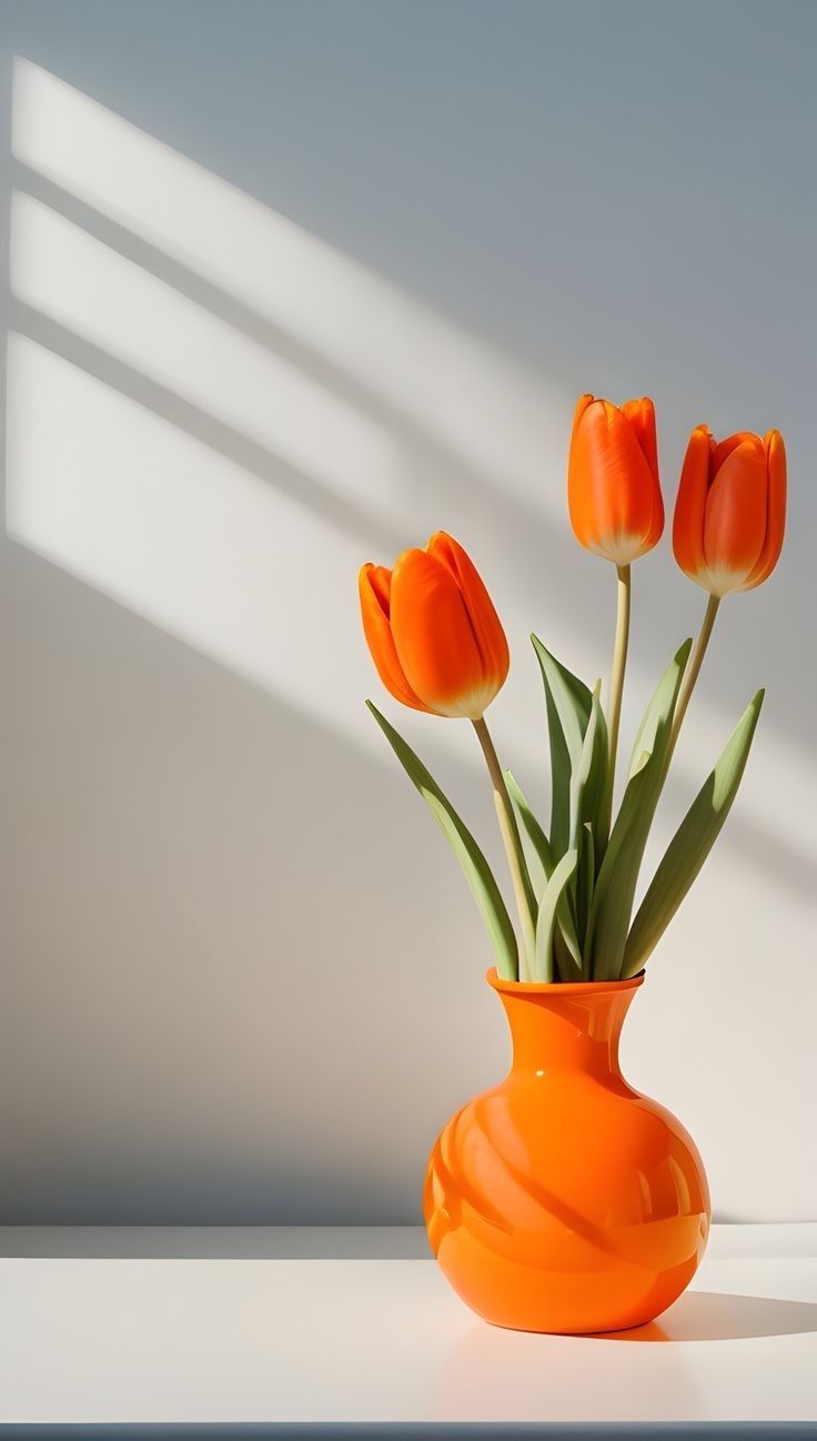 an orange vase with some flowers in it