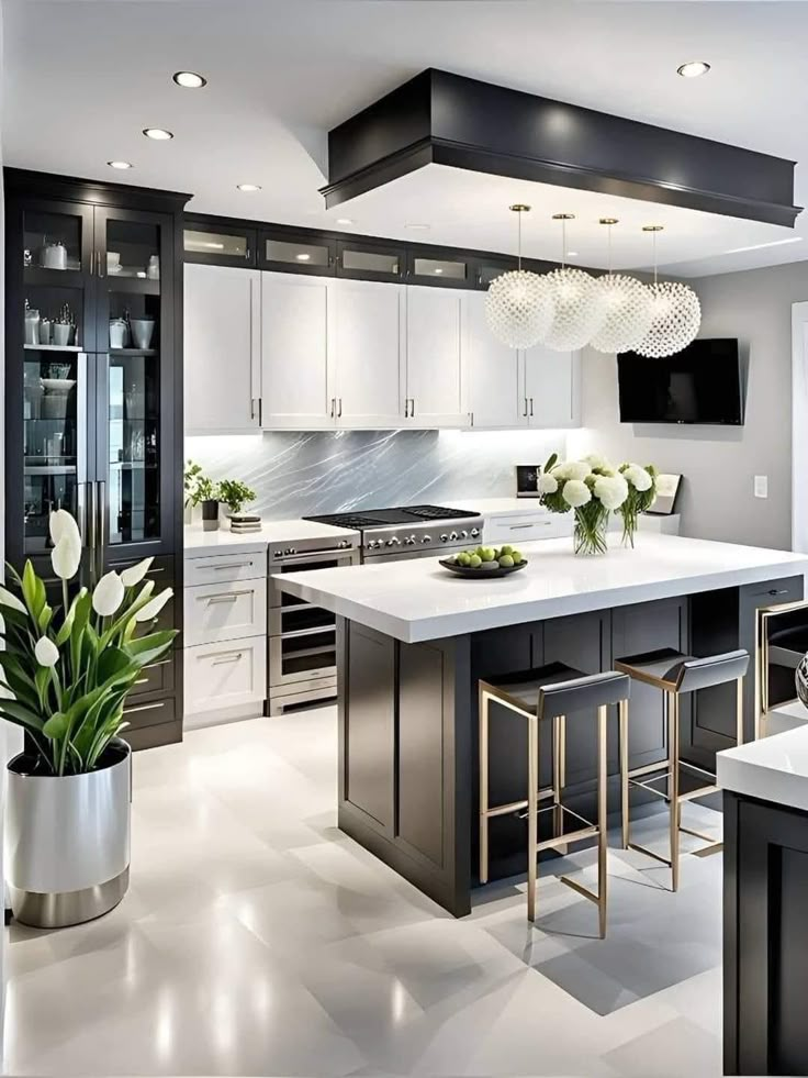 a modern kitchen with white and black accents