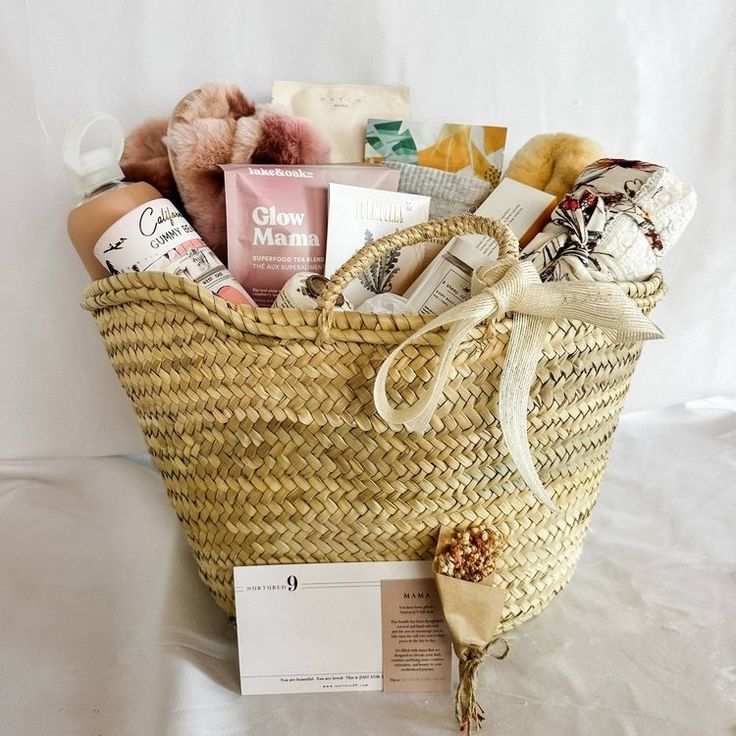 a wicker basket filled with lots of different types of items next to a price tag