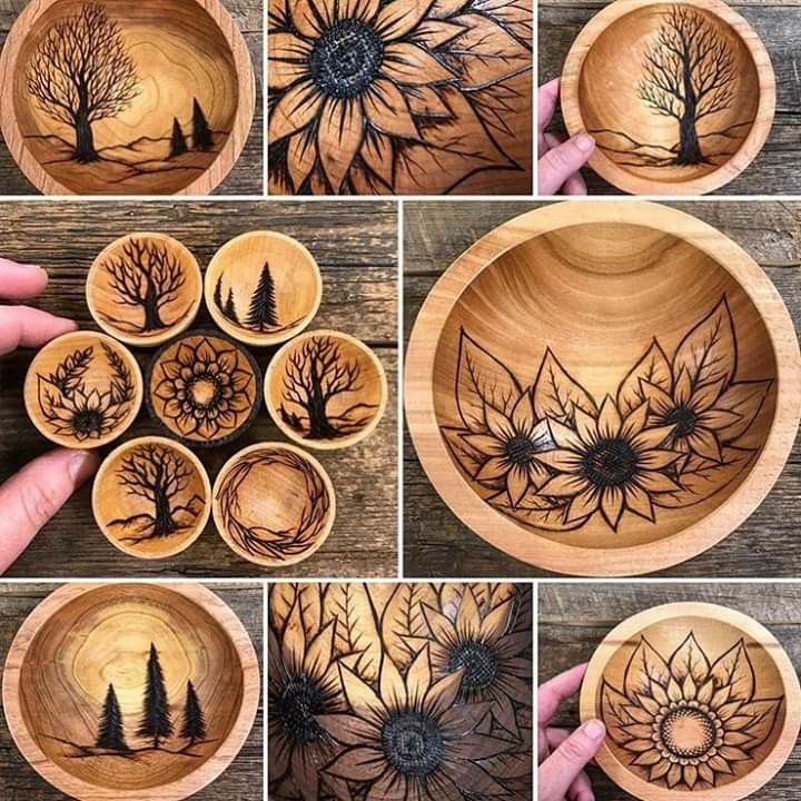 hand carved wooden bowls with trees and sunflowers