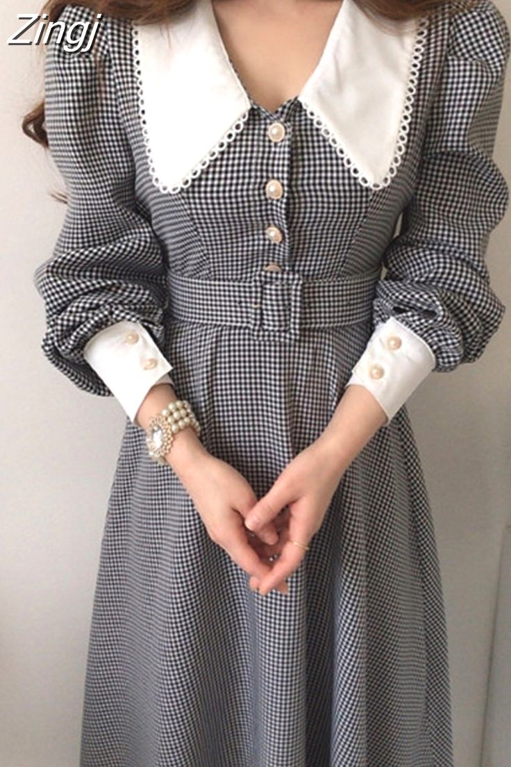 Long Sleeve Plaid Dress, Vogue Dress, Puff Long Sleeves, Design Clothes, Vestidos Vintage, Korean Dress, Puffed Sleeves Dress, Long Sleeve Plaid, Long Sleeve Midi Dress