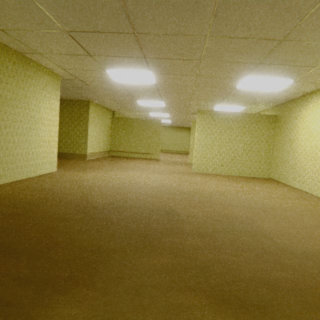 an empty room with no one in it and lights on either side of the wall