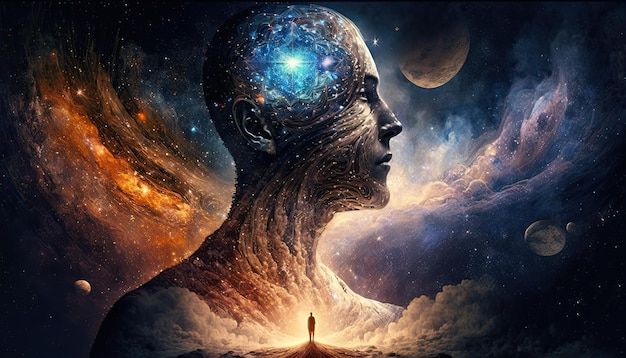 a man standing in the middle of space with his head turned to look like he is surrounded by planets