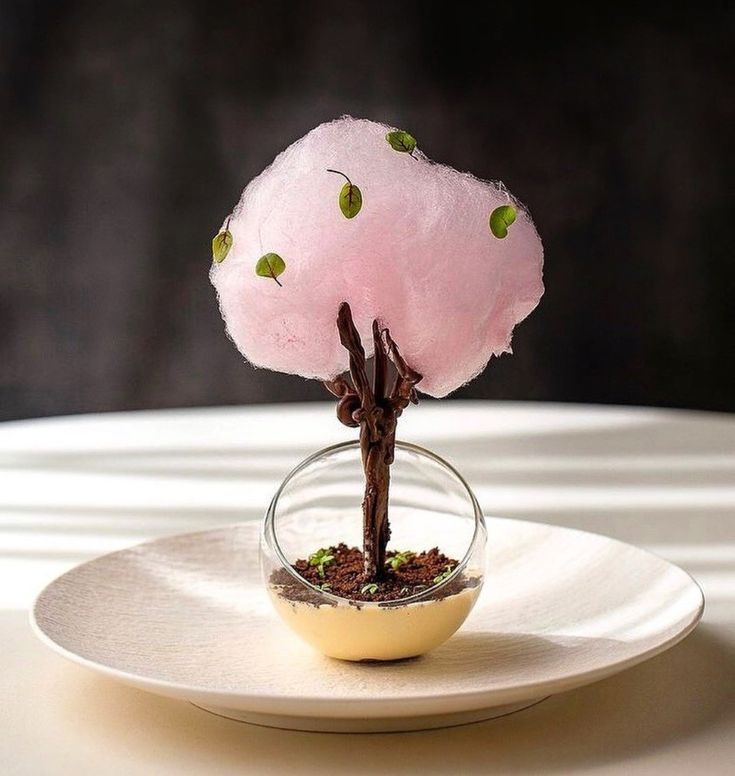 a small bonsai tree in a glass bowl on a white plate with a black background