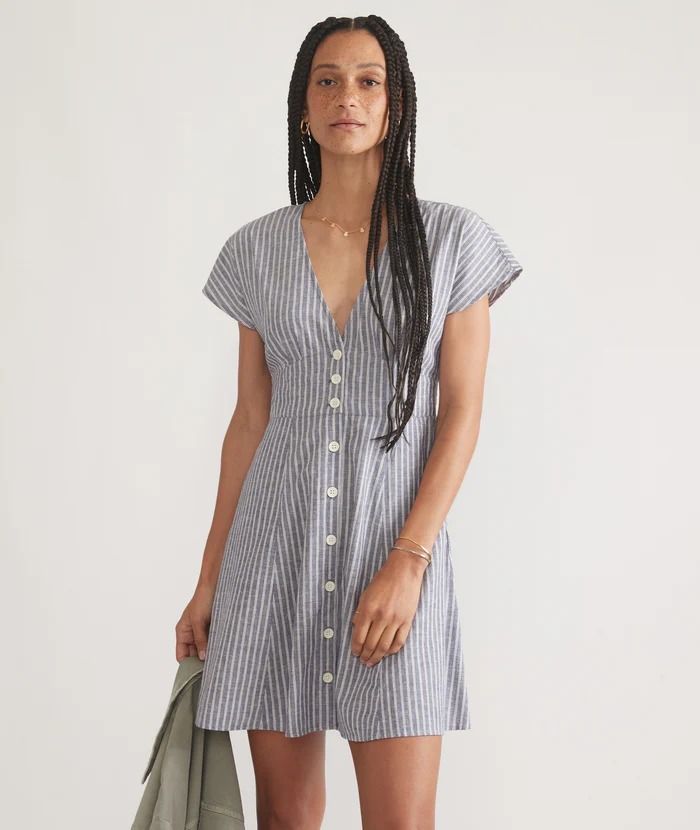 Camila Mini Dress – Marine Layer Chic V-neck Lined Mini Dress, Lined Knee-length Summer Mini Dress, Feminine A-line Lined Dress, Chic Mini Linen Dress For Daywear, V-neck Fitted Sundress For Casual Wear, Lined Knee-length Mini Dress For Daywear, Feminine A-line Dress For Day Out, Chic V-neck Linen Dress For Day Out, Summer Mini Length V-neck Dress For Date Night