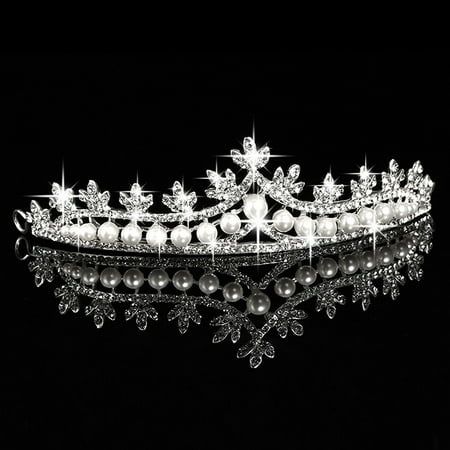 Description: Faux pearl, rhinestone and leaves decor allows this bridal wedding tiaras to match with evening dress, low-cut top or topic costume, which will embellish you more beautiful and attractive. When you wear this headband with two holes on the end, you can use two hair pins to fix the crown on your hair, and keep your hair in place for a long time. Wedding headband is made from high quality alloy and imitation pearl material by the exquisite craft, noble, gorgeous and do not need to worr Wedding Tiara Headband, Crown Hair Accessories, Leaves Decor, Wedding Tiaras, Glamorous Jewelry, Rhinestone Headpiece, Crown For Women, Bride Headband, Bride Tiara