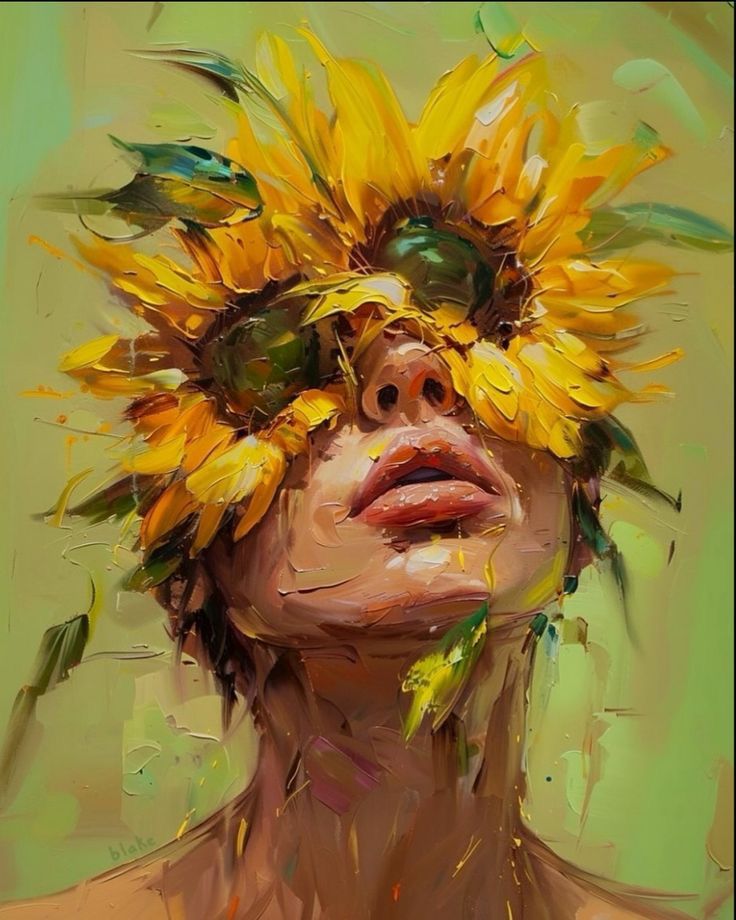 a painting of a woman with sunflowers on her head