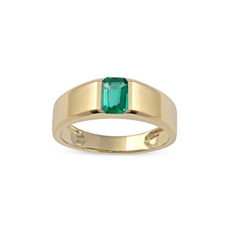 Crafted in 10k yellow gold, this ring showcases an emerald-cut created emerald gemstone, bezel set at the center. Finished to a bright polished shine, this emerald solitaire ring for men is a look he'll turn to day after day. Size: 10.5.  Color: Green.  Gender: male.  Age Group: adult. Mens Gemstone Rings Unique, Gay Engagement Rings, Gemstone Rings Unique, Mens Gemstone Rings, Emerald Gemstone, Cute Rings, Unique Gemstones, Ruby Ring, Emerald Cut