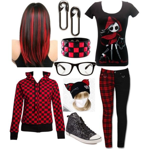 Red Scene Outfits, Red And Black Emo, Black And Red Emo Outfit, Plaid Skirt Emo Outfit, Emo Outfits For Girls, Emo Outfit Ideas, Punk Plaid Leggings, Emo Outfit, Emo Scene Polyvore