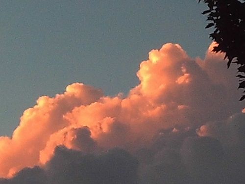 a plane flying in the sky with some clouds behind it and trees on either side