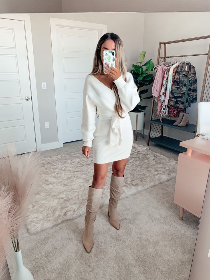 Ivory Sweater Dress Outfit, Fall Bachelorette Party Outfit, Winter Engagement Party Outfit, White Sweater Dress Outfit, Dress And Knee High Boots, Bride Bachelorette Outfit, Shower Dress For Bride, White Dress Fall, Engagement Party Outfit