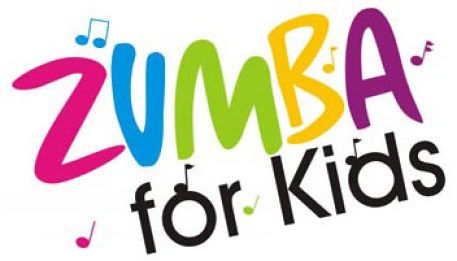 the logo for zumba for kids with musical notes and music notes on it's side