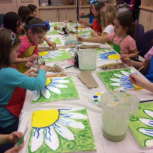 a group of children sitting at a table painting flowers