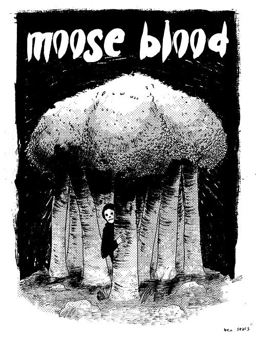 a black and white drawing of a person standing in front of a mushroom with the words moose blood on it