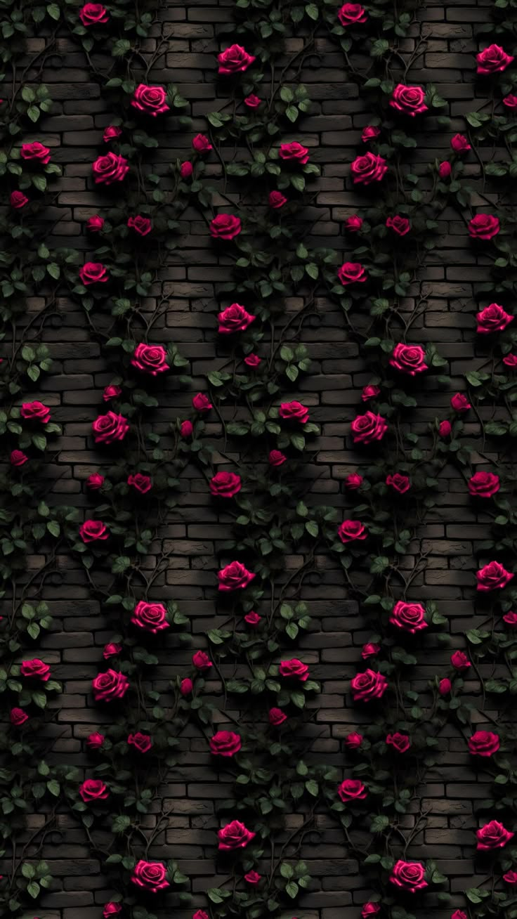 a brick wall with red roses growing on it