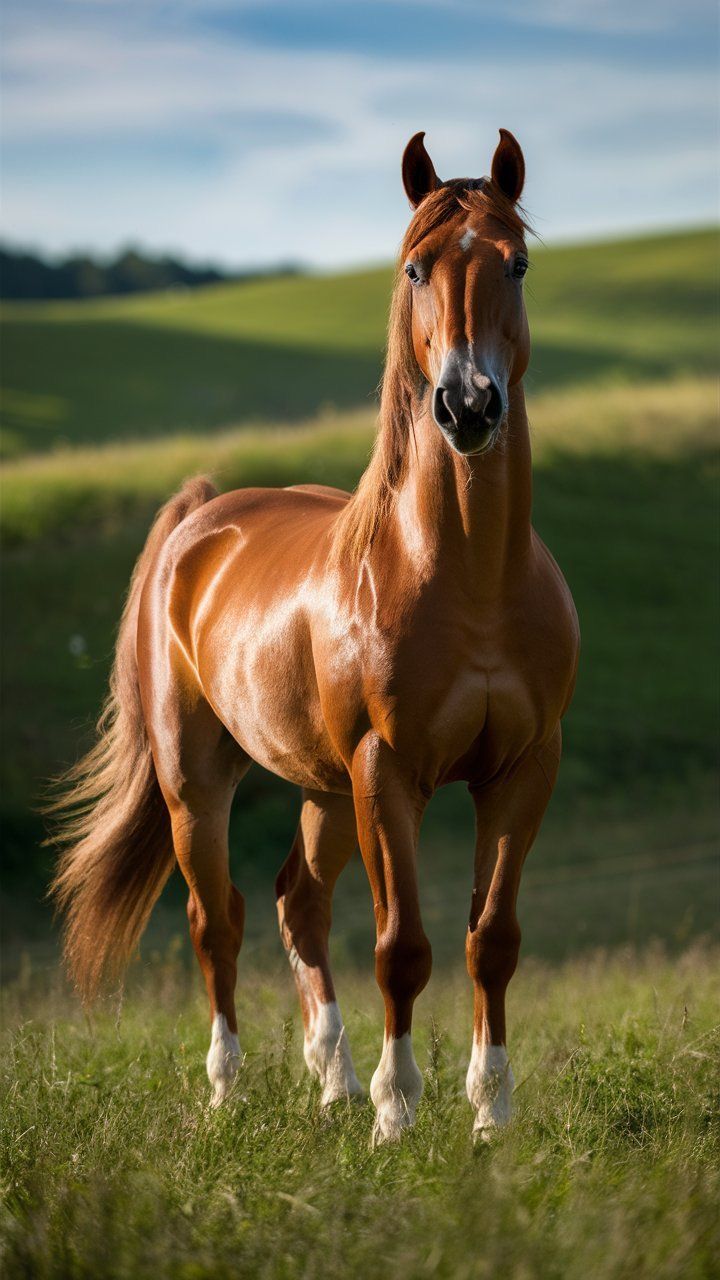 a brown horse standing on top of a lush green field with hills in the background