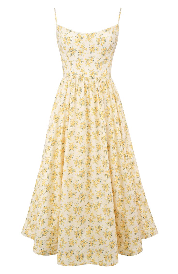 From garden party to daytime wedding, this dreamy midi sundress cut in a classic fit-and-flare silhouette shaped with a boned bodice precisely fits the bill. Exclusive retailer Hidden back-zip closure Scoop neck Adjustable straps Side-seam pockets Lined 65% cotton, 32% nylon, 3% elastane Dry clean Imported Daytime Wedding, Cotton Corset, Yellow Sundress, Cute Dress Outfits, Midi Sundress, Floral Sundress, Vintage Floral Print, House Of Cb, Looks Vintage