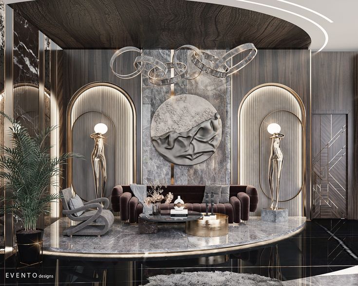 an elegant living room with marble walls and furniture in the center, along with chandeliers