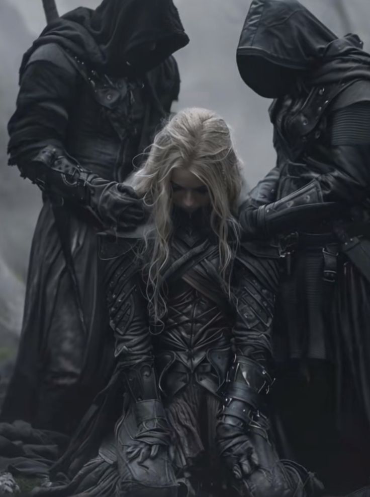 three people dressed in black standing next to each other and one person with white hair