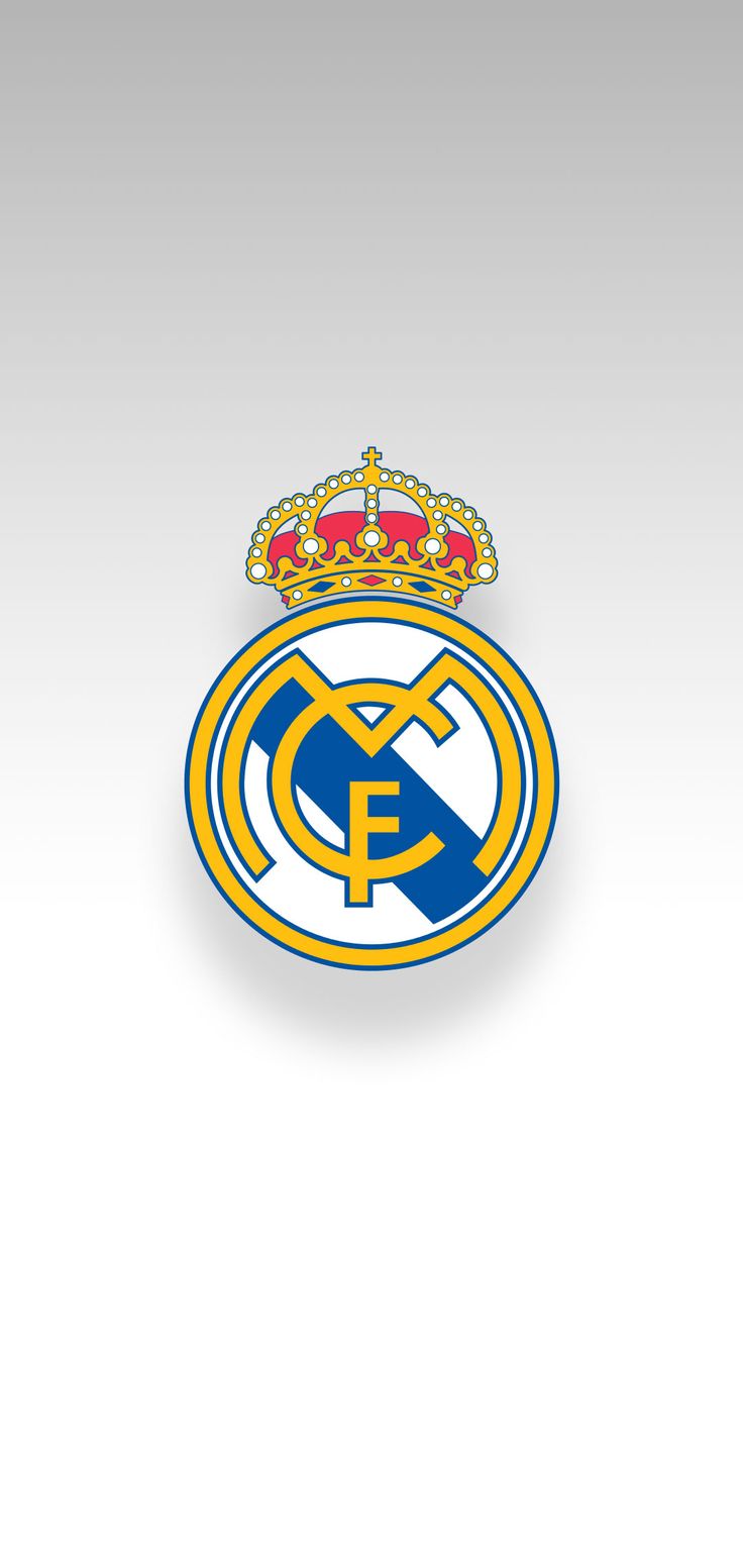 the real madrid logo is shown in blue and yellow, with a crown on top